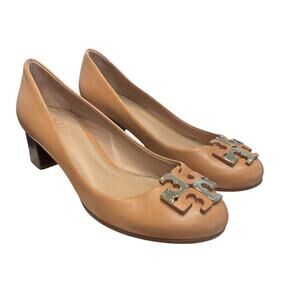Tory Burch Tan Leather Gold Hardware Logo Raleigh Pumps Womens Size 7